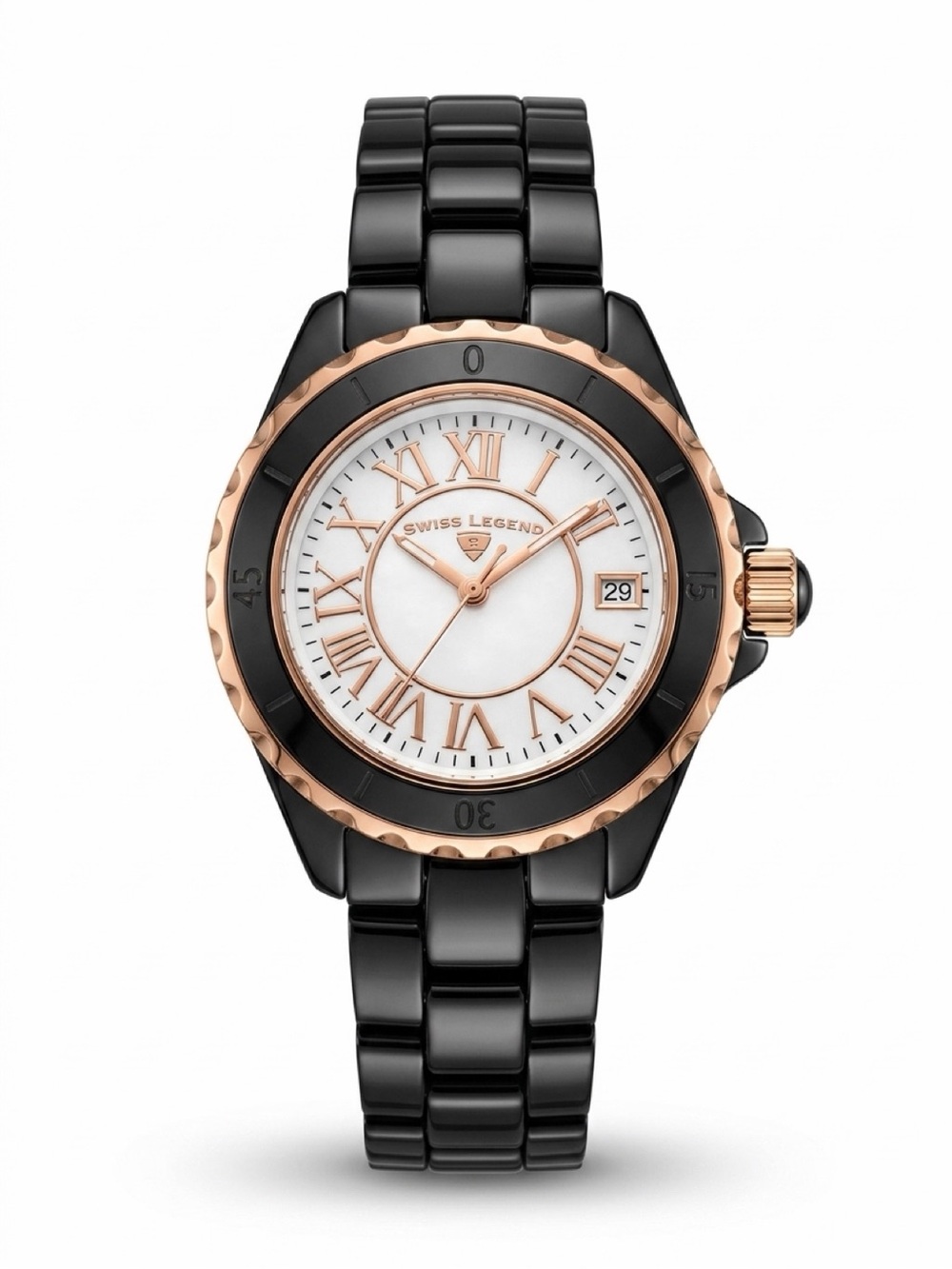 Swiss Legend Karamica 39mm Black Ceramic Rose Gold Watch White Dial New Battery